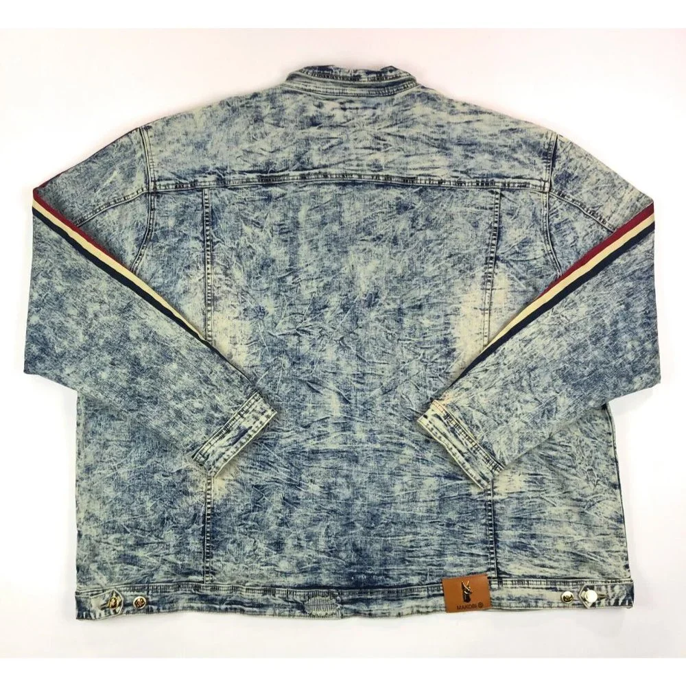 Makobi Mens 6XB Acid Wash Blue Denim Jean Track Jacket Distressed Faded Stripes - Picture 10 of 12